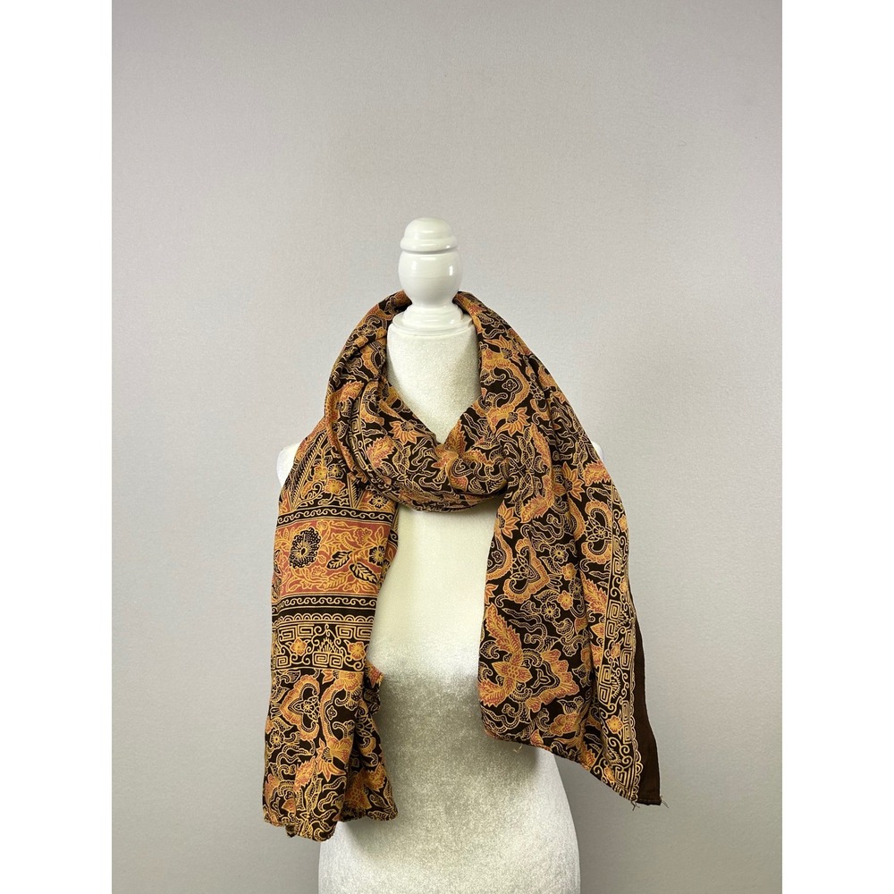 Batik Print Scarf Womens OS Brown Gold Orange Bohemian Shawl Wrap